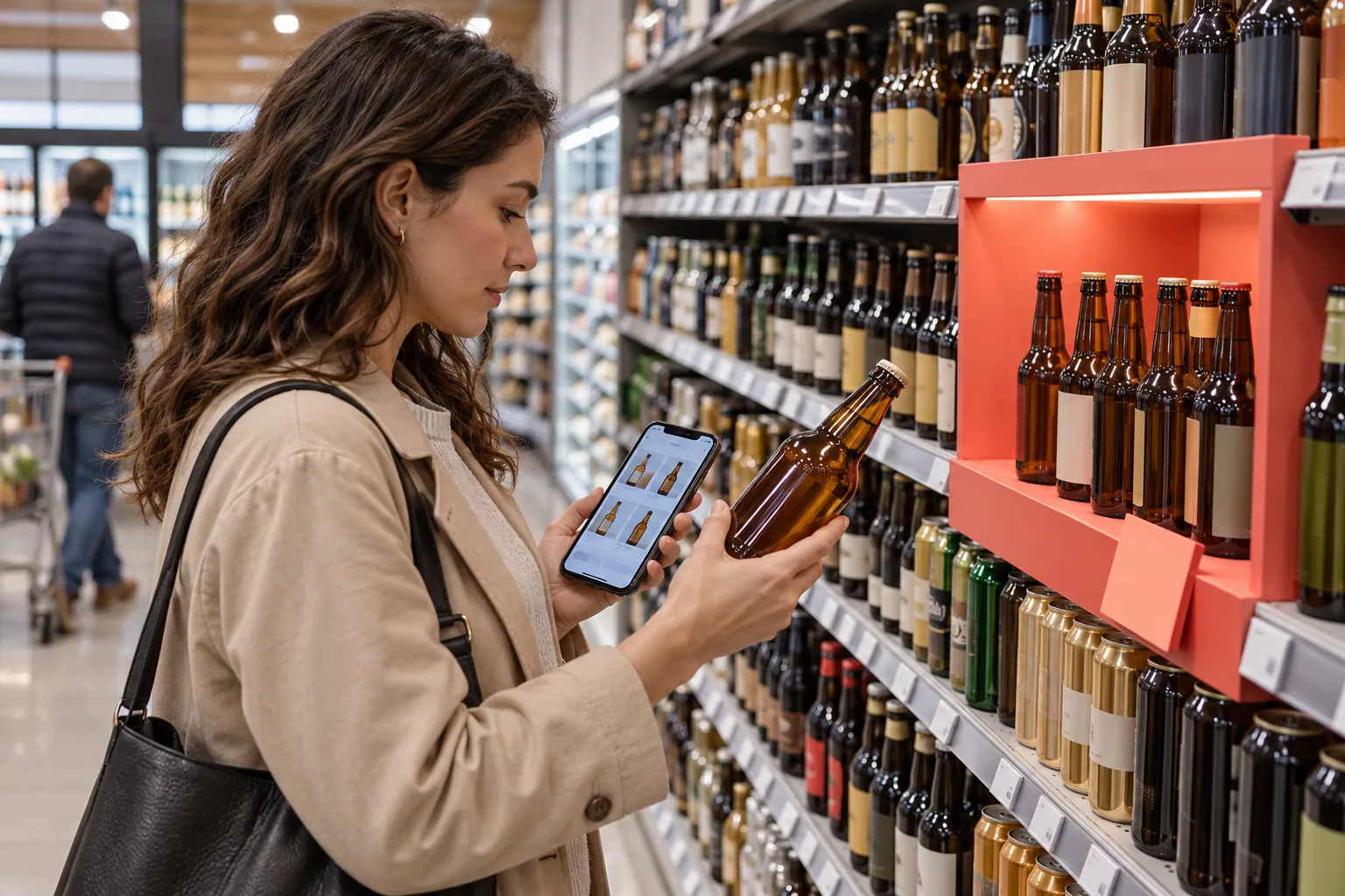 Recreación de una compra en el lineal de bebidas conectada al móvil